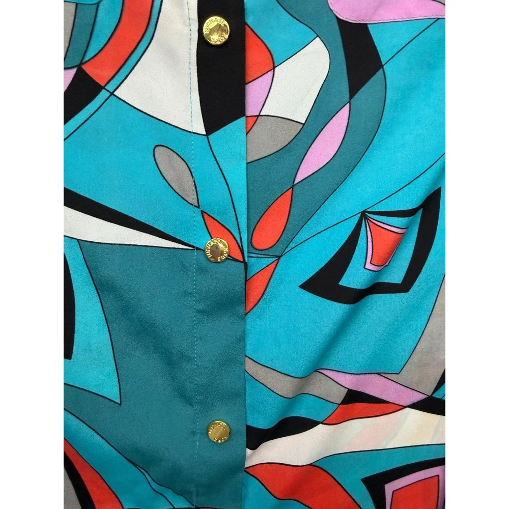 Michael Michael Kors Abstract Geometric Print Button Down Blouse Turquoise L - Picture 2 of 9